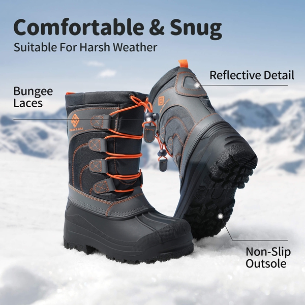 Kids Waterproof Shell Bottom Snow Boots - NAVY GREY ORANGE - 3